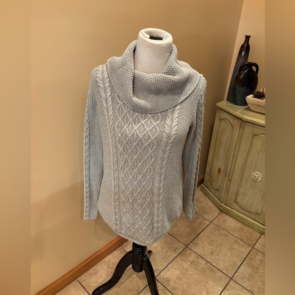 Jeanne Pierre Women’s Cowl Neck Sweater Gray Cable Knit Size Large